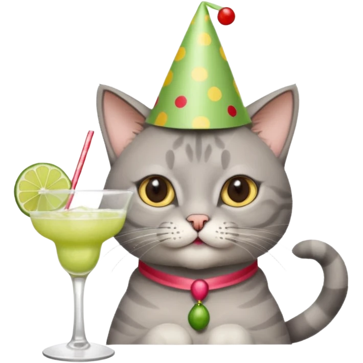 A grey cat is wearing a party hat, and drinking a margarita. emoji