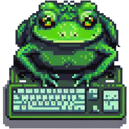 Pepe the frog meme character coding on computer, green frog with sad eyes typing on keyboard emoji