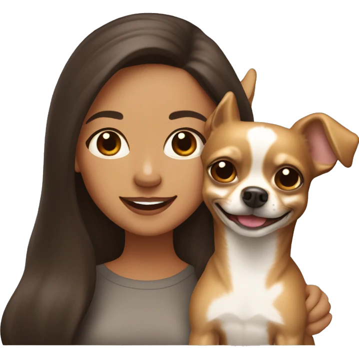 light skin woman with long dark brown hair expressing joy alongside a light brown chihuahua emoji