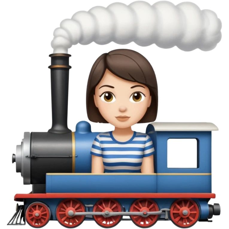 Pretty, sexy, slightly curvy white woman with short dark brown hair, wearing a blue and white striped tee shirt, riding a steam train emoji