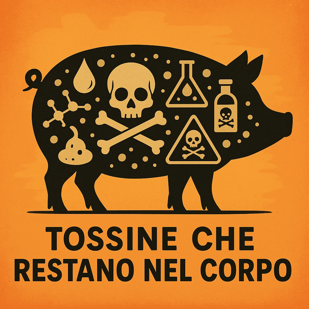symbolic scene with silhouette of a pig containing stylized drawings of toxins and poisons inside, no sweat drops on skin, Italian text: 'Tossine che restano nel corpo', 4K quality emoji