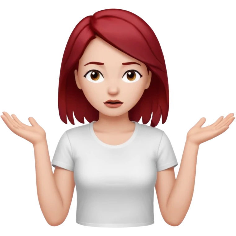 younger woman shrugging, eyes closed, white t-shirt, dark red hair, black eyebrows emoji