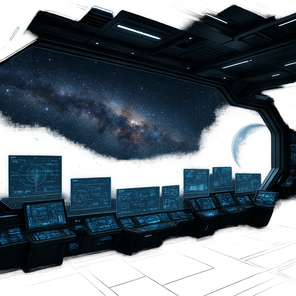 a sophisticated starcruiser command deck viewing port, the viewscreen is alpha-transparent, no chairs, multiple screens emoji