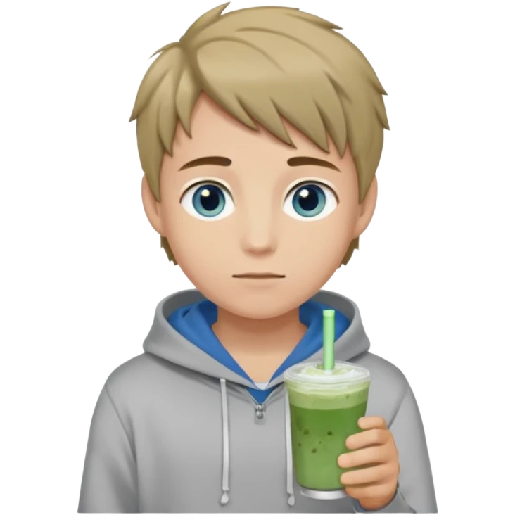 Boy who holds iced matcha has blue eyes and dark blonde hair. Wears grey hoodir emoji