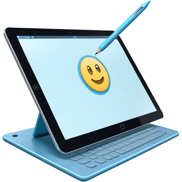 Create an emoji for 3D visualization and modeling. Show a large graphic tablet with a stylus drawing in a 3D modeling program. The 3D model on the screen should appear to protrude out of the screen. Use modern, professional colors. Make the background transparent. emoji