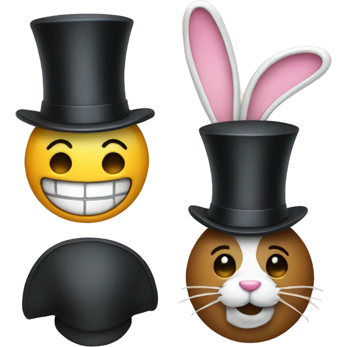Regular emoji with smile and a top hat with a bunny emoji