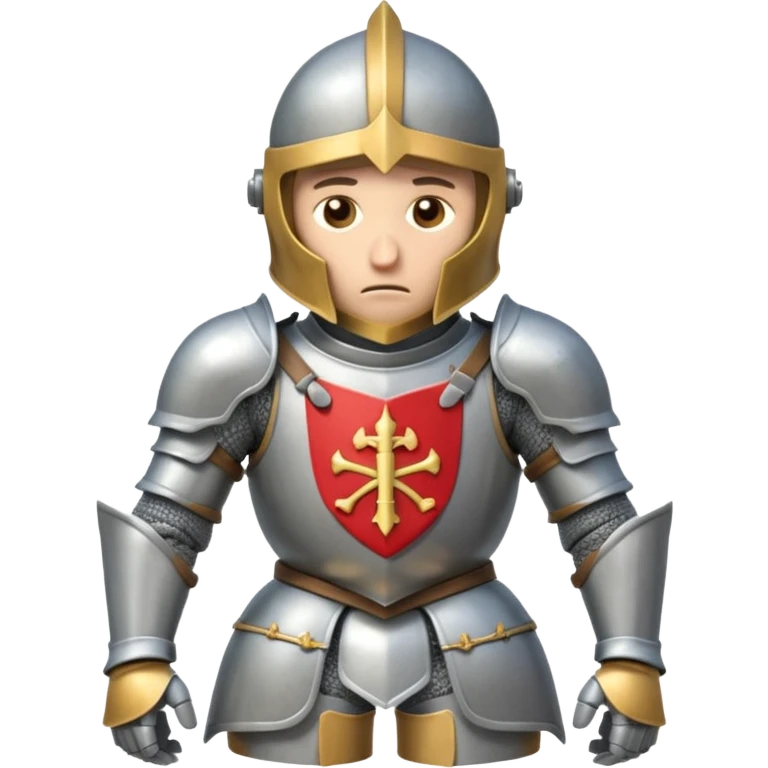 A cartoon knight in full armor with a closed helmet, expressing sadness. The knight's head is lowered, arms hanging down, and legs close together. emoji