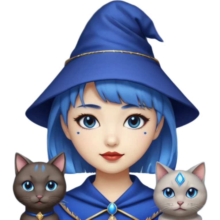 an asian short haired girl with electric blue highlighted short hair with bangs, with her silver left eye and dark brown right eye, with black cat eyed style eyeliner, and smirk of natural toned lipstick, with wizard hat with moon emblem on his hat. emoji