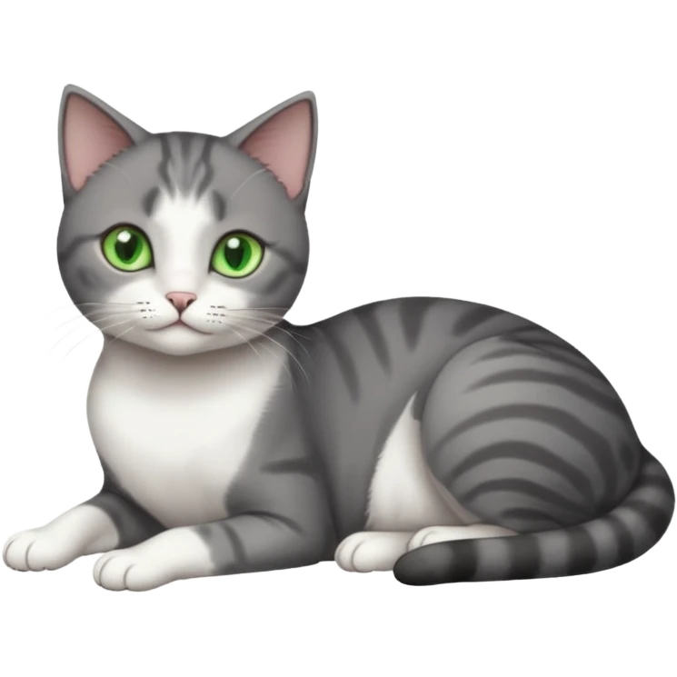 full body tiny short hair dark grey and white cat with white front legs and green  eyes lying down emoji