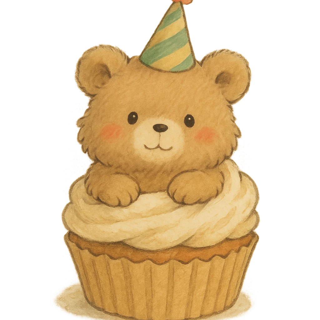 fluffy bear popping out of a cupcake, wearing a party hat, soft Ghibli style emoji