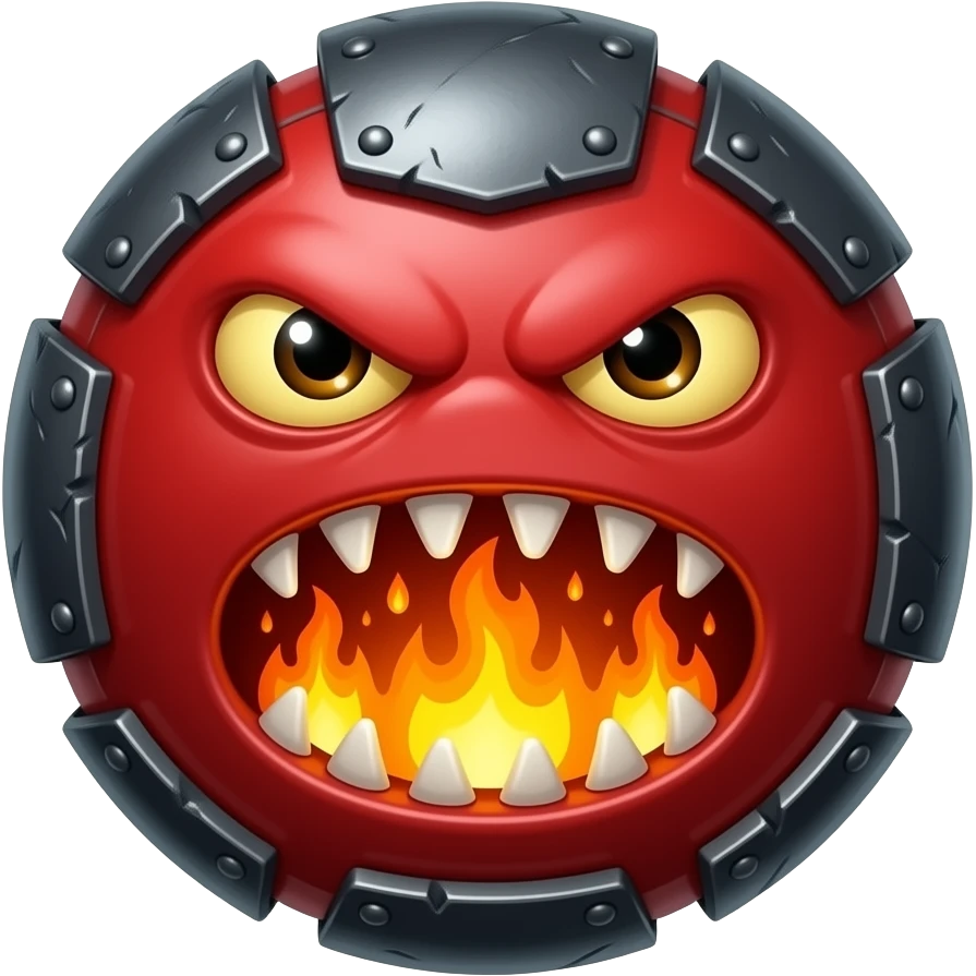 A red floating round sime-ball-like monster with charcoal armor plates and a furnace-hot jaw. It spits fireballs and snaps with explosive bursts of heat. No platform. emoji