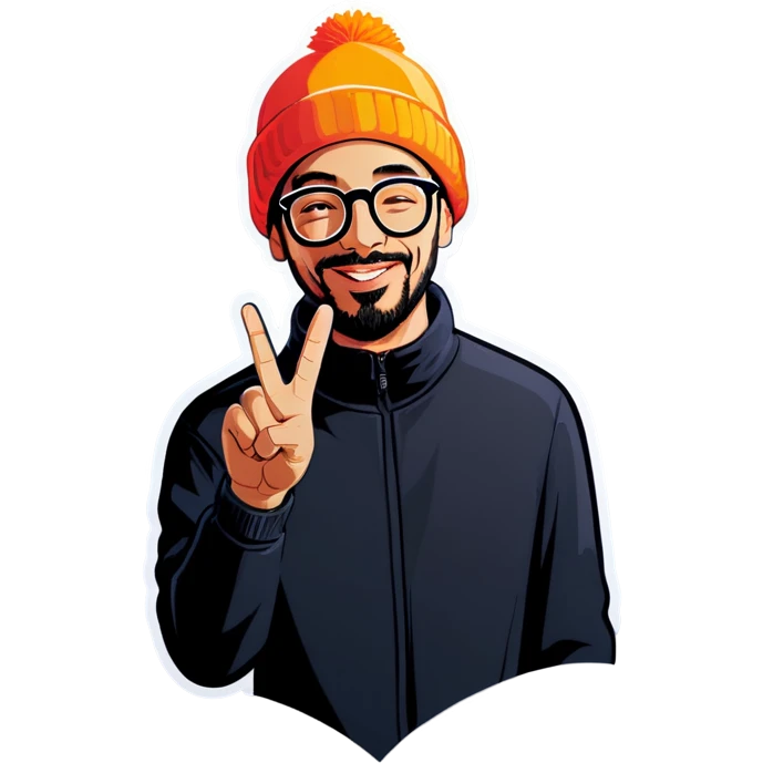 Man with glasses and beanie making peace sign emoji