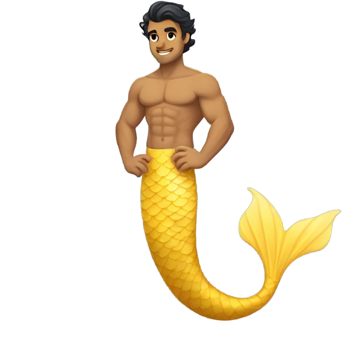 Tan muscular merman with yellow mermaid tail, dark hair and stubble  emoji