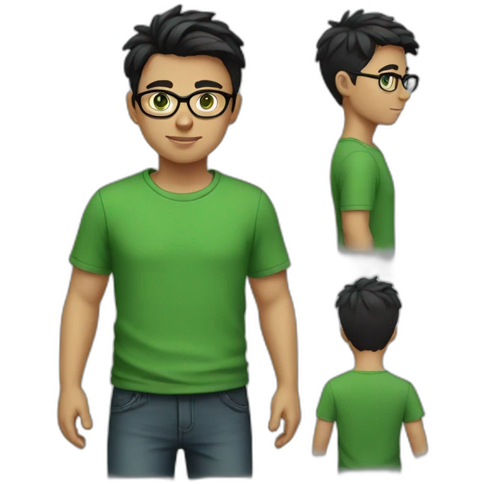Boy with green eyes, glasses, with black short hair, with green T-shirt emoji