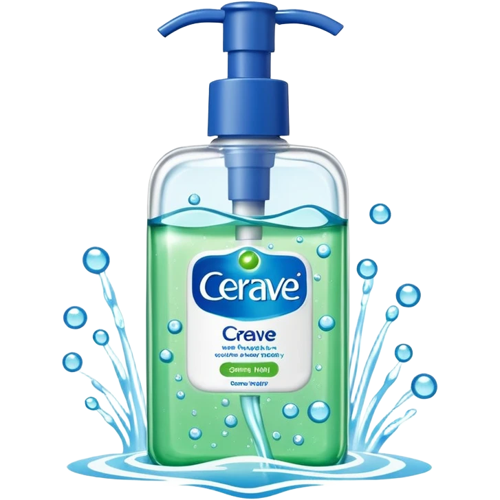 `CeraVe-shaped white rectangular pump bottle with soft green label and blue “CeraVe” stripe. Surrounded by floating water bubbles, glowing light particles, and a gentle green mist. Feels like a calm hydration spell in a bottle. Clean, glossy, emoji-style.`
 emoji