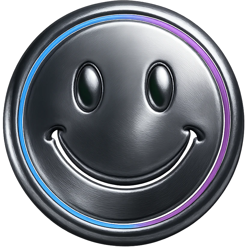 smiley face emoji in chrome style with neon blue and pink Tron highlights emoji