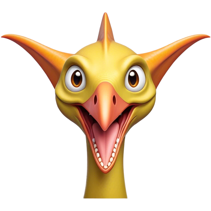 Cinematic Comical Pterodactyl Portrait Emoji, Head tilted dramatically with an exaggeratedly shocked expression, featuring a sleek, streamlined body with a quirky, animated beak and wide, comically expressive eyes full of playful disbelief, Simplified yet hilariously expressive features, highly detailed, glowing with a slightly sassy ethereal glow, high shine, dramatic yet playful, stylized with an air of cheeky prehistoric mischief, soft glowing outline, capturing the essence of a meme-worthy Pterodactyl that looks ready to side-eye its way into viral fame! emoji