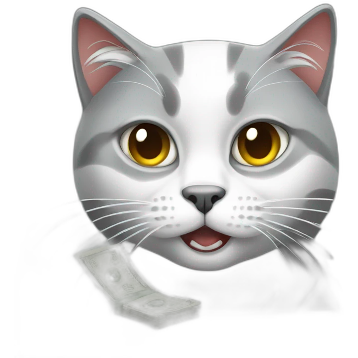 angry gray and white norwegian cat with money emoji