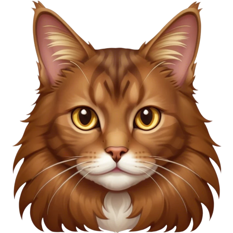 Cinematic Brown Maine Coon Cat Portrait Emoji, Elegant and alert, sleek brown and gold tones with hints of deep auburn, Simplified yet sharp features, highly detailed, glowing with a warm, confident glow, high shine, intelligent and poised with an air of wisdom, stylized with an air of grace, focused and attentive with a calm, old soul expression, soft glowing outline, capturing the essence of experience and majesty, so lifelike it feels as though it could spring into motion at any moment, radiating wisdom and grace. emoji