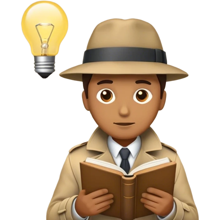 A detective emoji, wearing a classic trench coat and hat, intently reading a book. Above their head, a glowing lightbulb represents a sudden realization—symbolizing research, curiosity, and critical thinking. The book’s cover subtly features the silhouette of a person  emoji