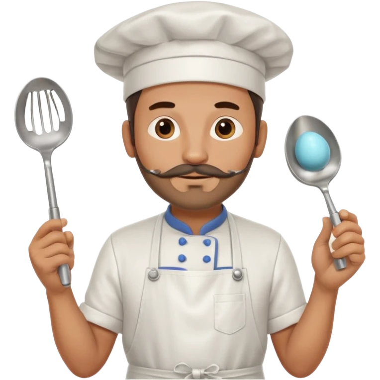 Middle aged male pastry chef - with a small beard, apron, white hat, and holding an egg beater in his hand emoji