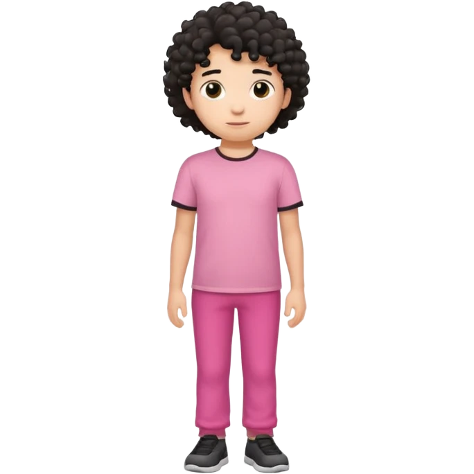 Kid boy wearing pink T-shirt, black curly hair, full body emoji