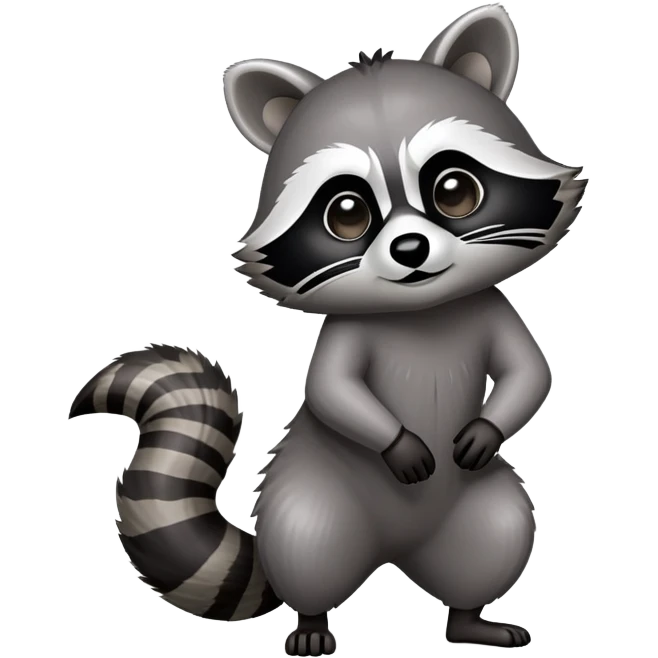 Cinematic-Raccoon-Realistic-Full-Body-Standing on all fours-Emoji – Tail flicking lazily, head tilted dramatically, thick grey fur with a signature black mask, sharp and alert ears, simplified yet realistic focused features, highly detailed, glowing with an almost sarcastic glow. emoji