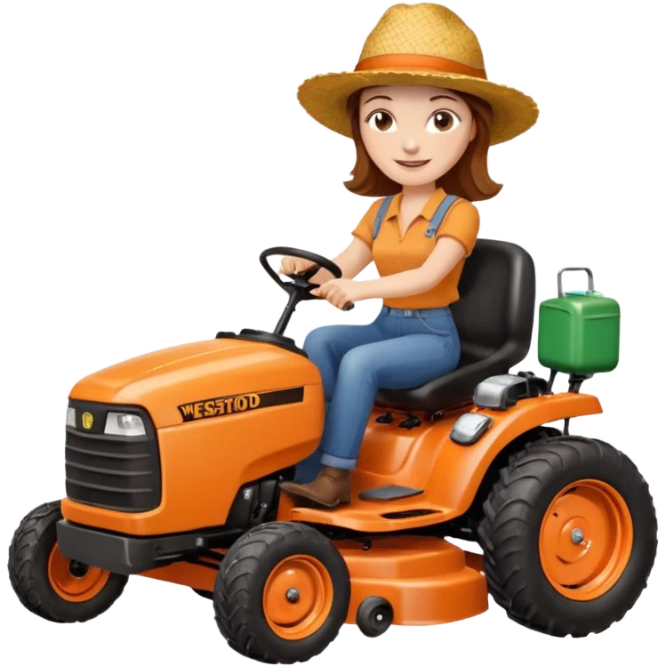 White woman with brown hair, without glasses wearing a straw hat, on old orange ride on lawn mower, holding a beer with one hand and holding the steering wheel with the other hand. Woman is smiling. Lawn mower has “Westwood” written on the engine cover emoji