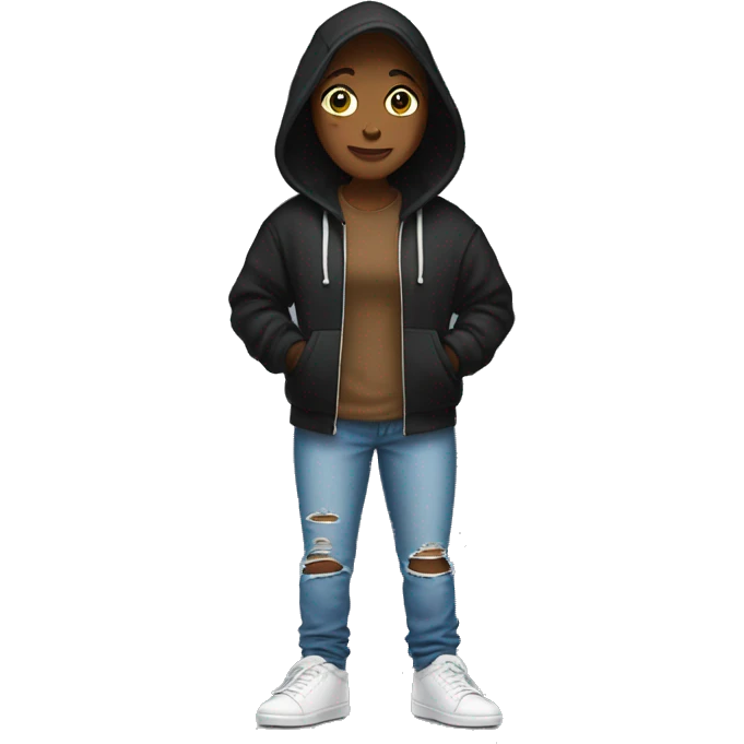 Full body women wearing a black hoodie and ripped blue jeans, white hightop shoes and brown long hai emoji