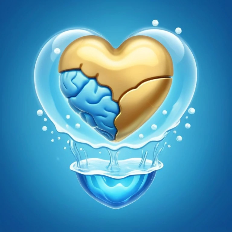 Golden floating capsule wrapped in soft blue liquid waves, slowly spinning around a translucent heart and a shining brain, with flashes of calmness that expand like waves in water emoji