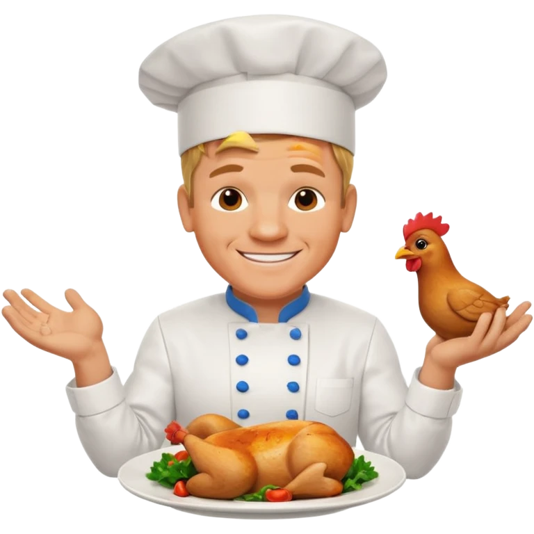 Gordon Ramsay cheerful, showing off a perfectly cooked chicken on a plate, chef uniform emoji