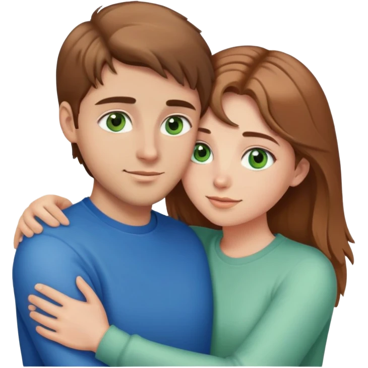 cute couple hugging, girl with light brown hair and green eyes, guy with brown hair and blue eyes emoji