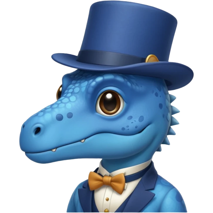 A flat blue dinosaur like 🦕 with monocle and tophat emoji