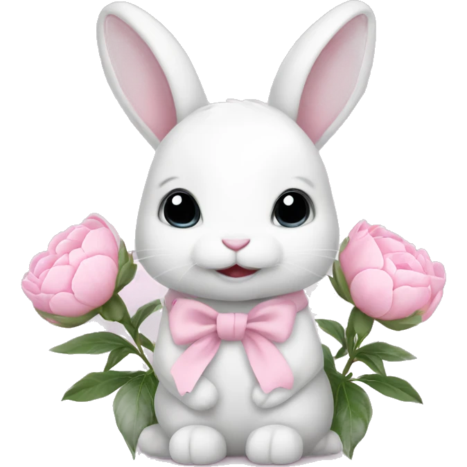 cute white bunny holding light pink peonies emoji
