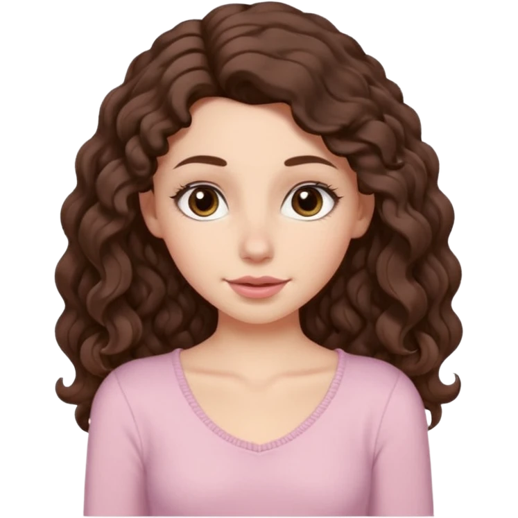 Aesthetic white girl with really long wavy/curly hair color dark brown, hair most be in front of the shoulders (hair in front of the shoulders). Big almond shape eyes color brown, small wide nose, natural lips, sweet expression. Dressed with a cute tight top color light pink. emoji
