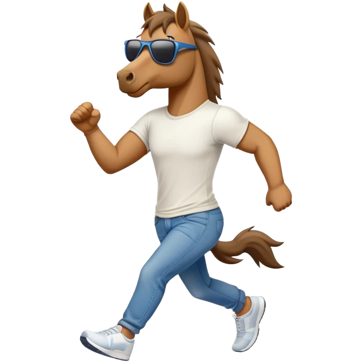 friendly anthropomorphised stallion in jeans and a t-shirt, wearing dark sunglasses, jogging upright in standard pose emoji