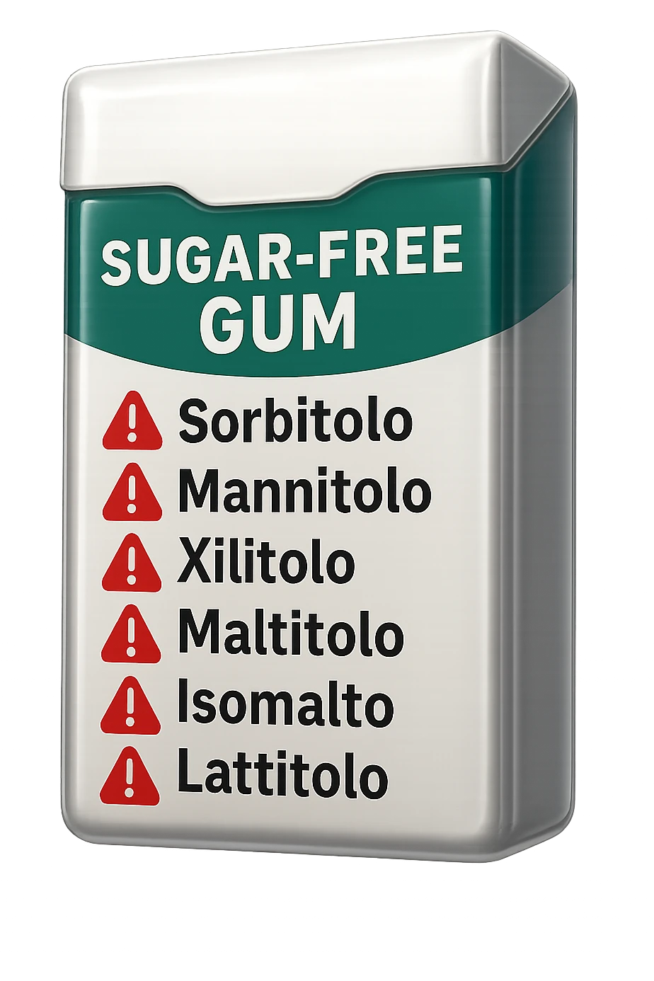 SU QUESTO STILE FAI UN EMOJI STILE IPHONE 3D DI UN pacchetto di gomme senza zucchero con ETICHETTA CON GLI INGREDIENTI SCRITTI, "sorbitolo, mannitolo, xilitolo, maltitolo, isomalto, lattitolo" accanto ad ogni nome scritto mettici un segnale di allarme, FALLO MOLTO REALISTICO IN 3D emoji