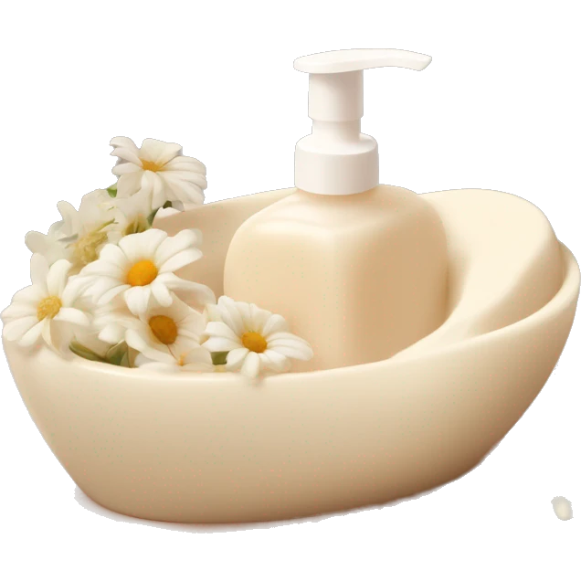 hand soap, delicate milky color, with vanilla aroma, in a beige soap dish with flowers. emoji