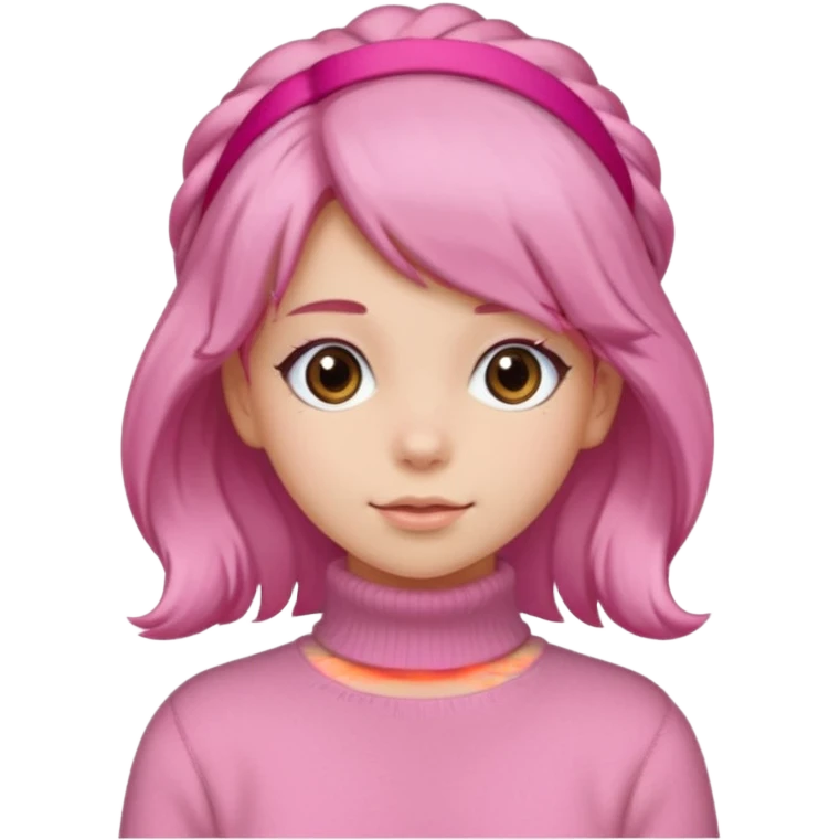 brown fluffy haired girl with pink turtleneck sweater and pink hair band emoji