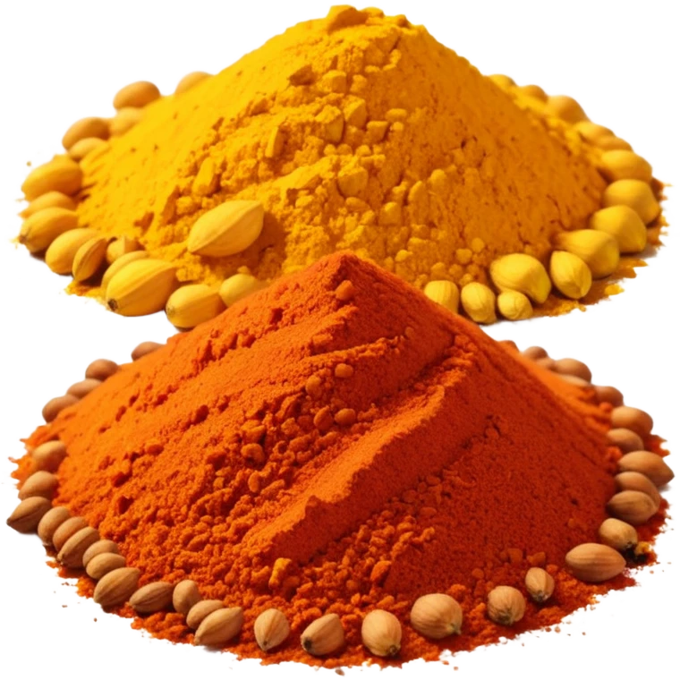 three spice piles turmeric golden yellow paprika deep red cumin warm brown different textures side by side vibrant earthy colors no bowls tools no faces clean 3D soft shadows transparent background emoji scale emoji