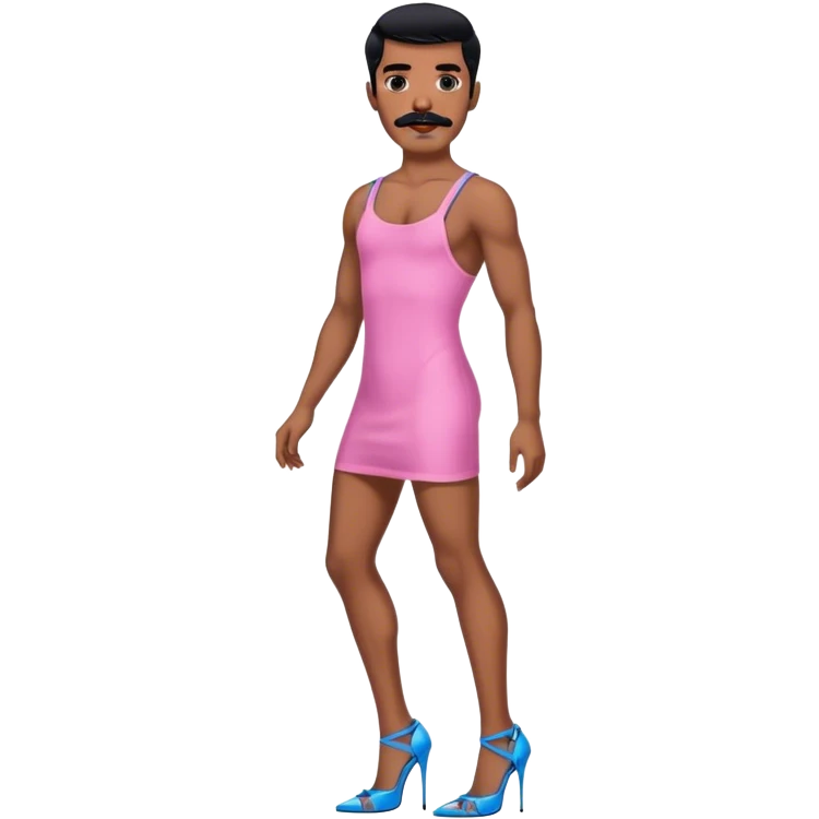 Man in a pink mini dress and blue strappy high heels with black hair and black mustache and brown skin emoji