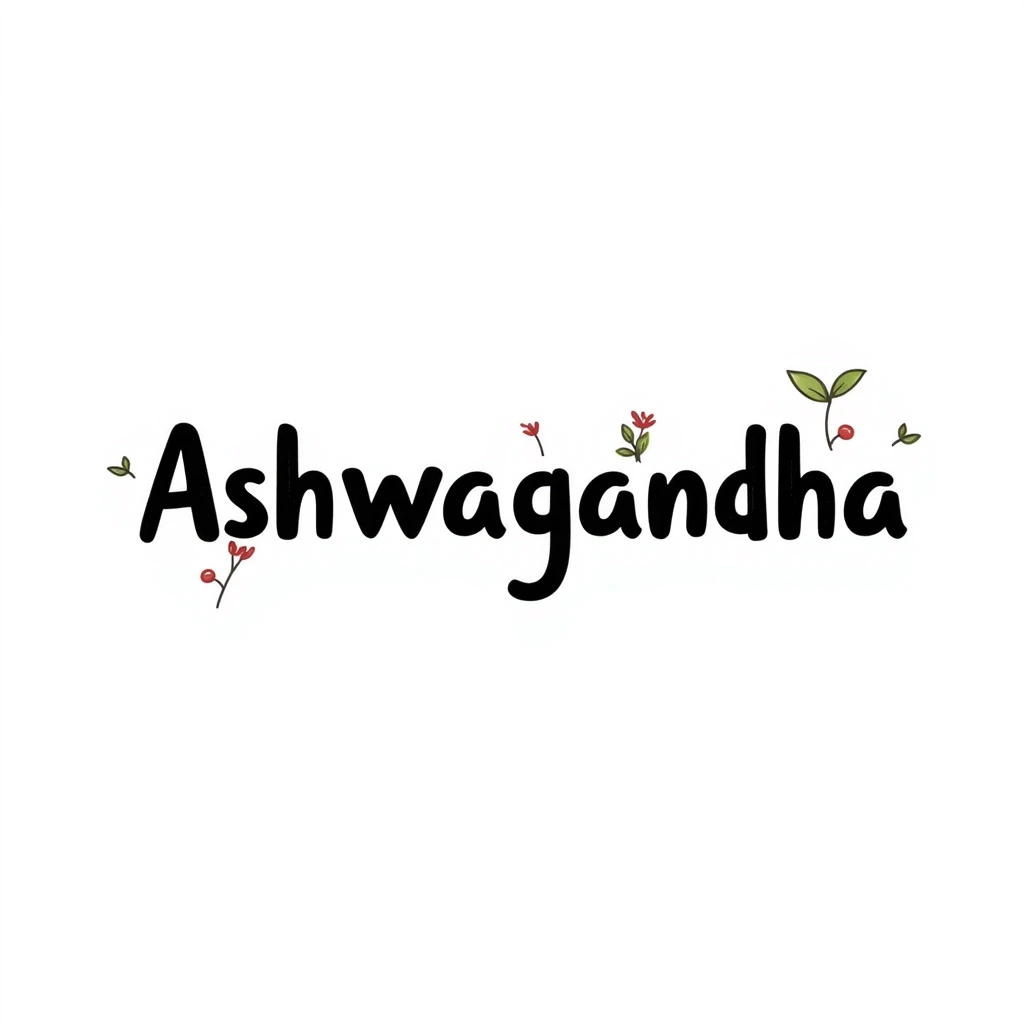 The word "Ashwagandha" hand-drawn in white text with a dark background and just a few colorful accents. Simple doodle style with minimal decoration. emoji