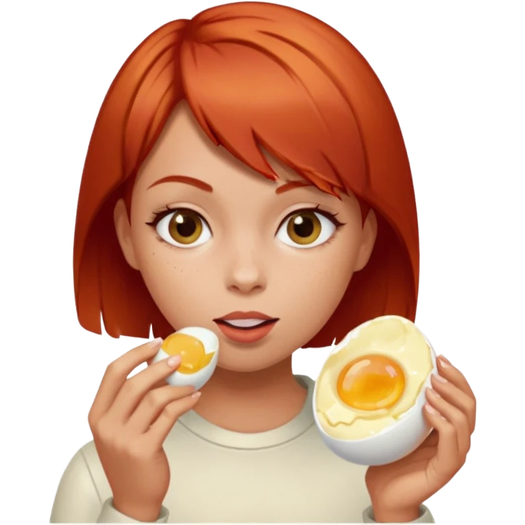 Girl with short red hair eating boiling egg emoji