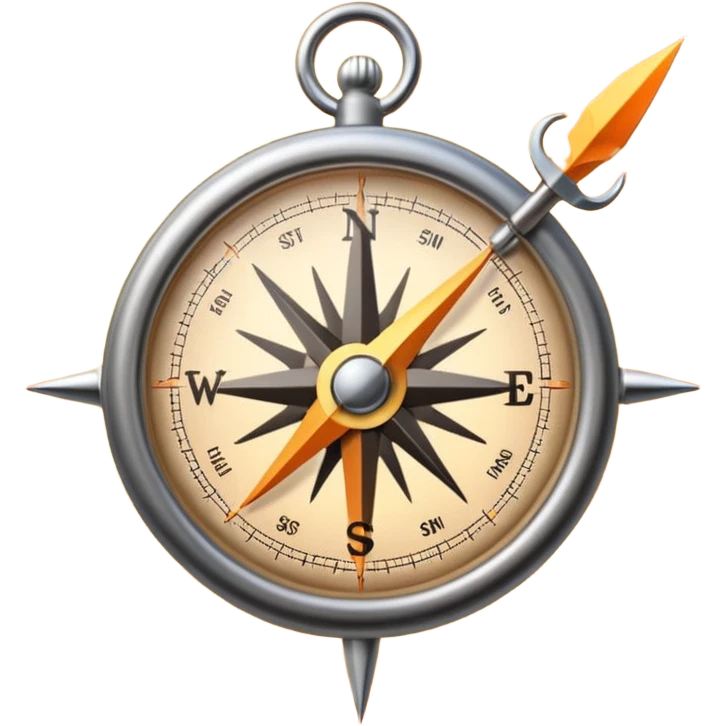 Minimalist emoji of a compass needle snapping firmly toward one direction with a soft sunrise glow behind it, symbolising decisive focus and a new disciplined beginning. Transparent background. emoji