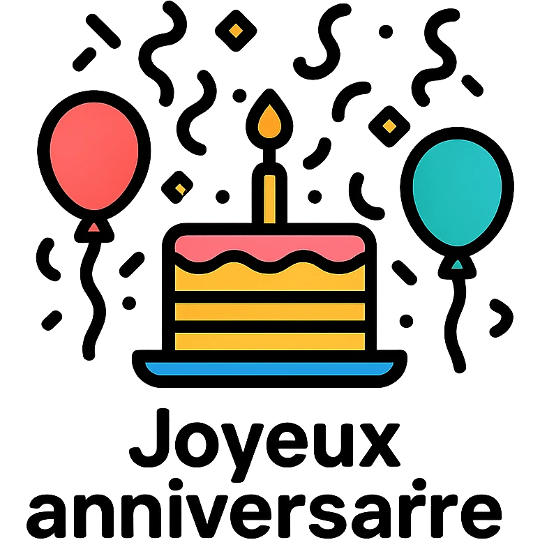 Joyeux anniversaire festive icon with celebratory elements like confetti, balloons, cake, clean modern icon style, suitable for digital use emoji