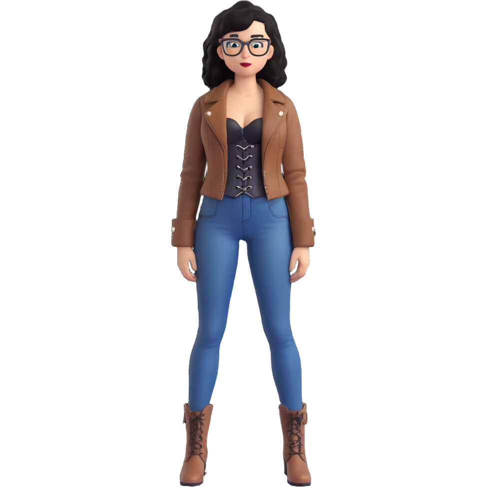 3D animated drawing of a slim, light-skinned woman with wavy black hair and square-shaped glasses, wearing a black corset dress with a brown leather jacket, blue jeans, and brown ankle boots, standing in a neutral pose emoji