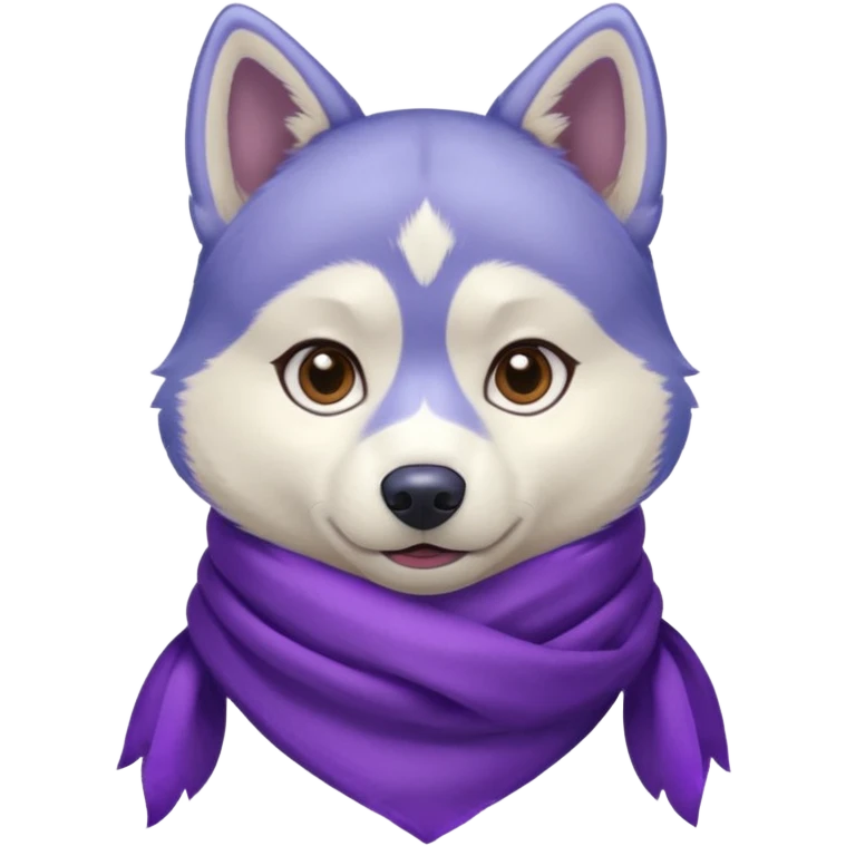 a husky with a purple scarf , a blue shirt, emoji