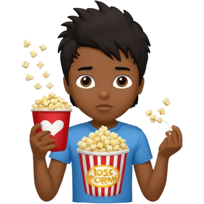 generate a pretty tan bratz boy with a brown tshirt on. eating a popcorn. messy black hair emoji