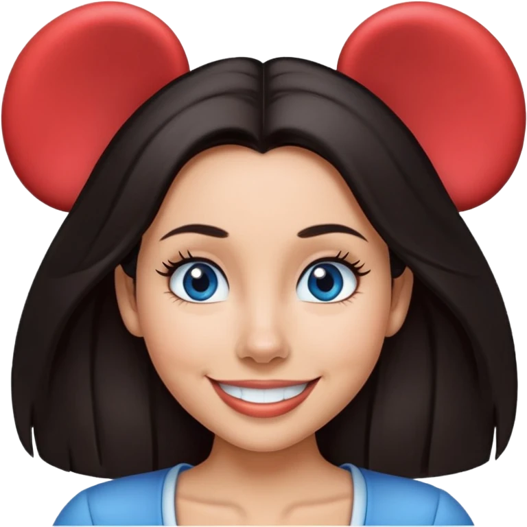 Blue eyes Dark straight medium hair woman happy wearing Mickey Mouse ears from Disney world  emoji