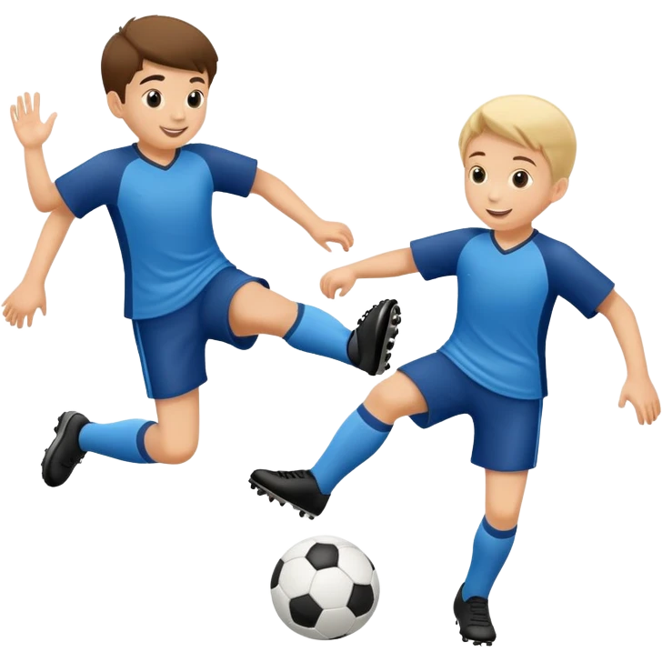 two children playing soccer, one kicking the ball, happy and playful emoji